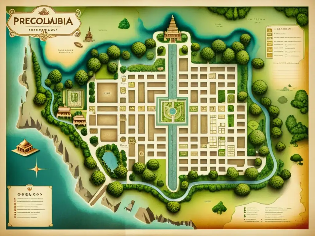 Mapa antiguo de ciudad precolombina Mapa antiguo de una ciudad precolombina con caligrafía detallada y patrones urbanos entre exuberante vegetación y montañas distantes