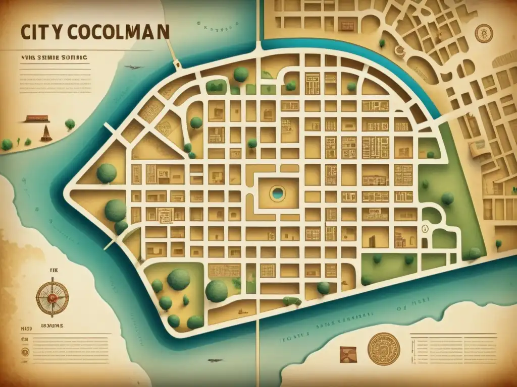 Mapa antiguo de ciudad precolombina: descubre su intrincado diseño urbano Mapa antiguo de una ciudad precolombina con patrones urbanos y símbolos detallados, evocando historia y descubrimiento