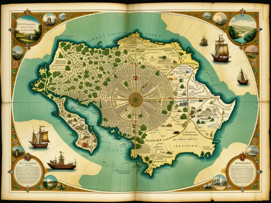 Mapa antiguo con preservación de diseños artísticos, metadatos y detalles cartográficos evocando arte y significado histórico