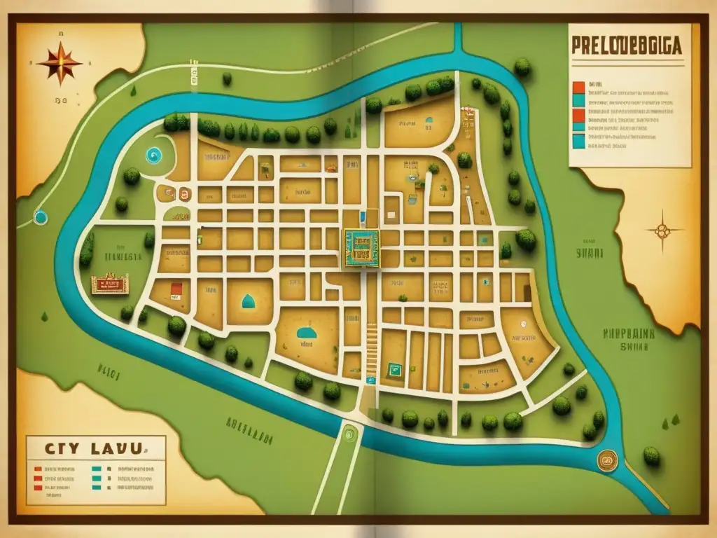 Mapa detallado de ciudad precolombina: vibrante y antiguo Mapa detallado de una ciudad precolombina con patrones urbanos y estructuras de piedra, que muestra su avanzada planificación urbana