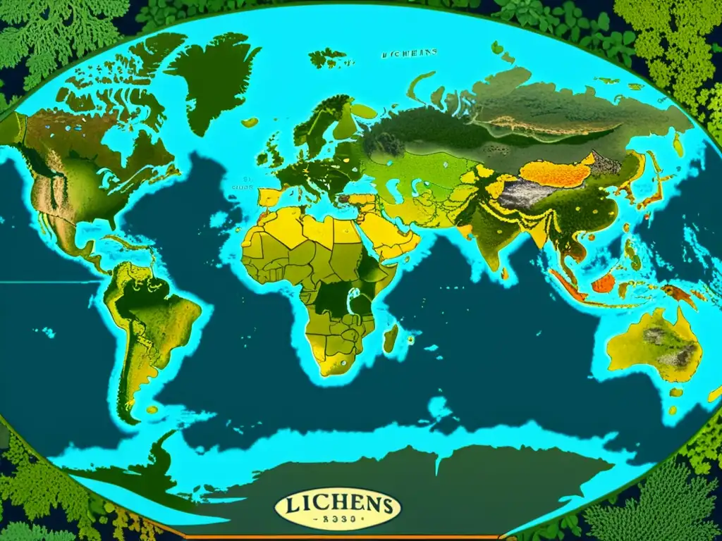 Mapa detallado de la distribución de líquenes en diferentes culturas y regiones del mundo, mostrando patrones de simbiosis en la naturaleza