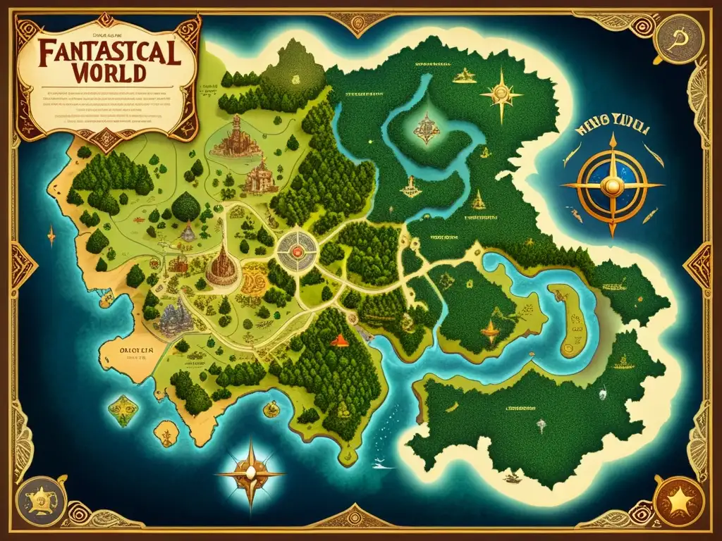 Mapa detallado estilo vintage de un mundo fantástico con patrones estéticos en juegos de rol, paisajes variados y colores envejecidos