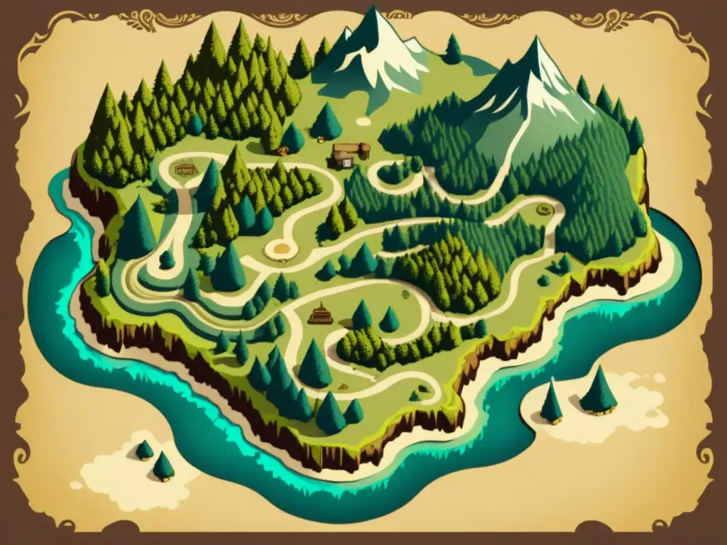 Mapa detallado de nivel en videojuegos procedurales con elementos vintage y diseño de fantasía, evocando aventura atemporal