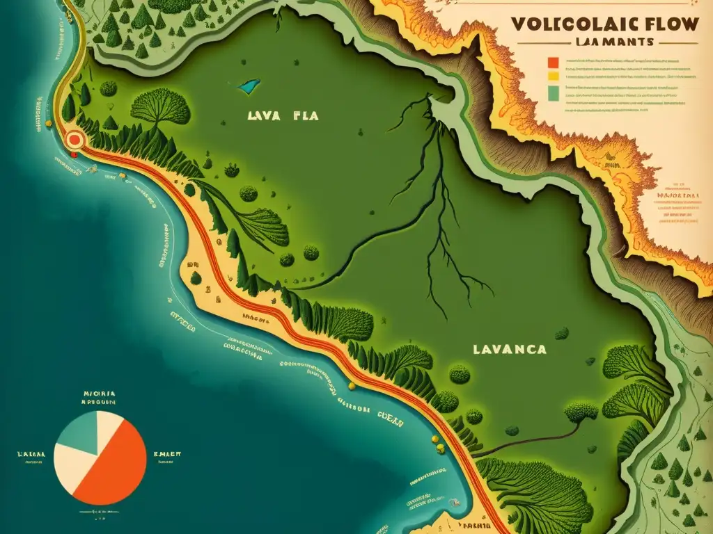 Mapa detallado de patrones de flujo de lava en región volcánica, con flora y fauna locales, anotaciones históricas y topografía en estilo vintage