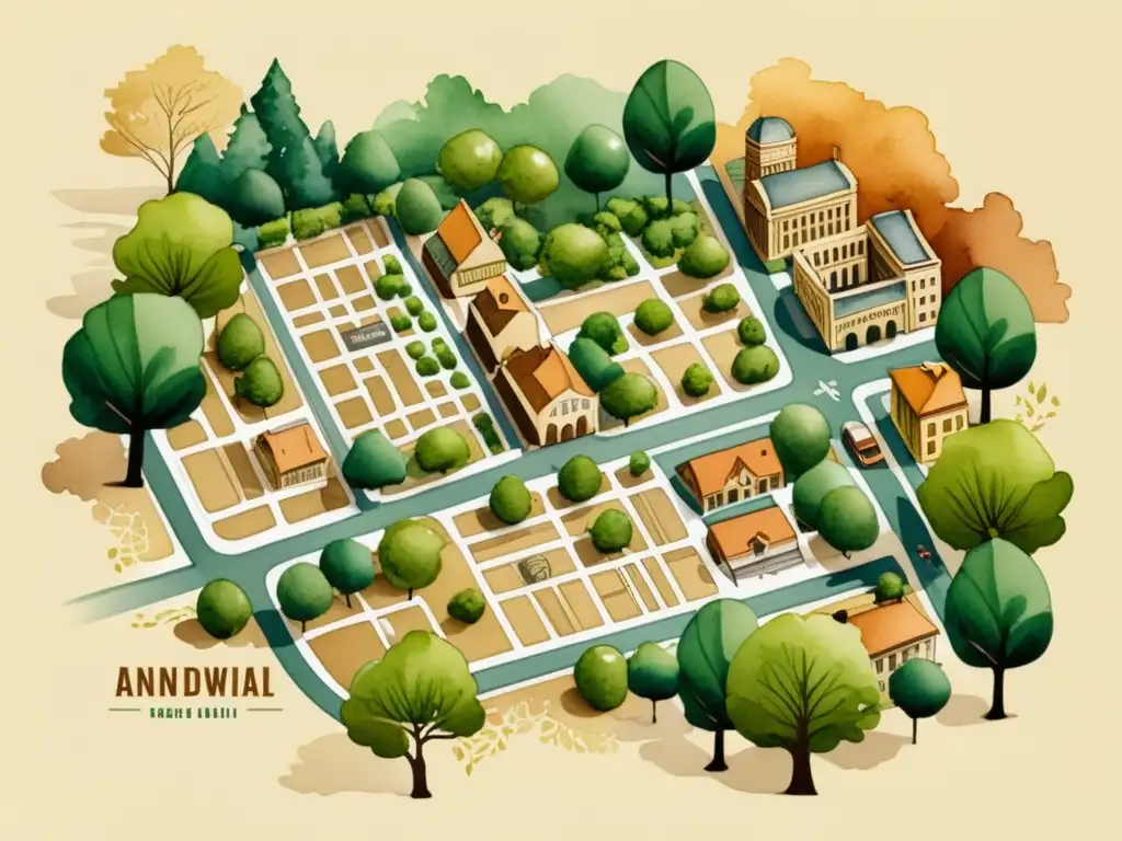 Mapa urbano vintage: detalles arquitectónicos y colores vibrantes Mapa detallado de planificación urbana inspirado en el vintage, con diseño artístico y cálido