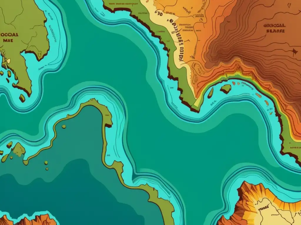 Ilustración vintage de un mapa geológico detallado en tonos terrosos, mostrando patrones geológicos y su influencia en el equilibrio ecológico