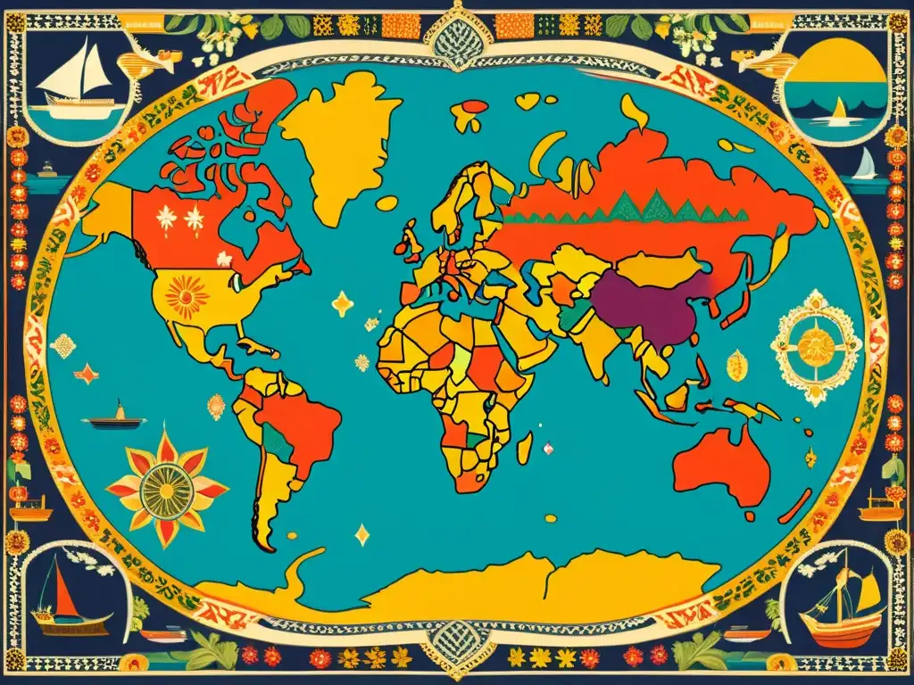 Un mapa global detallado tejido en un patrón textil tradicional, con colores vibrantes y detalles representativos de diversas culturas