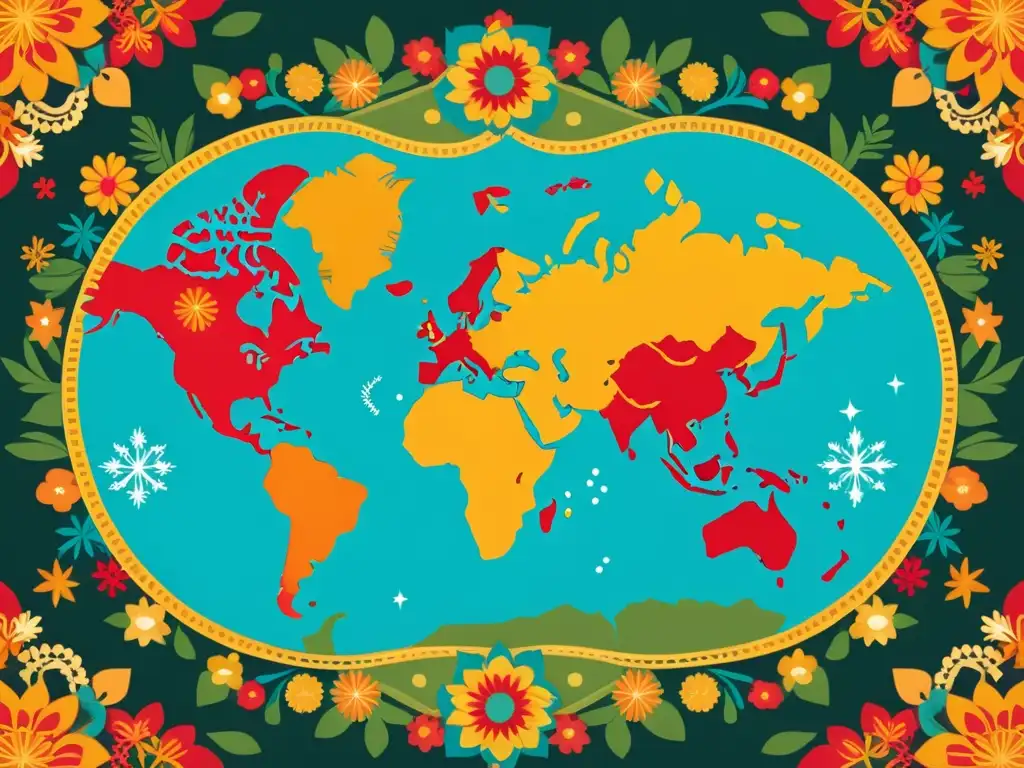 Un mapa global ilustrado con patrones festivos de diversas culturas, simbolizando la conexión de celebraciones