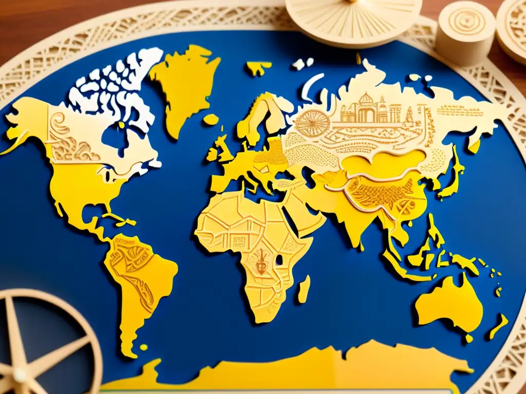 Un mapa mundial detallado con patrones artísticos culturales de diseño 3D