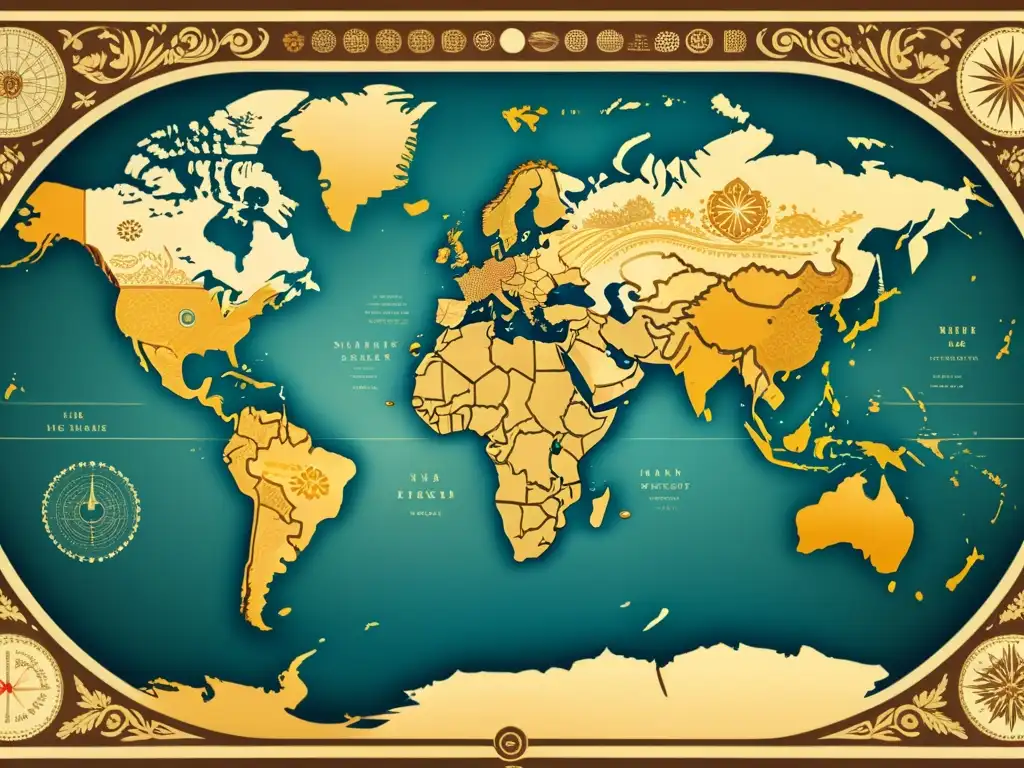 Un mapa mundial vintage con patrones artísticos en licenciamiento global, evocando historia y encanto antiguo