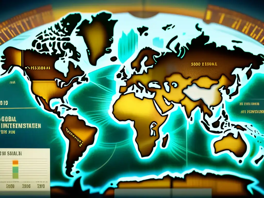 Mapa del mundo antiguo con patrones culturales y datos financieros, fusionando tradición e innovación en inversiones artísticas transnacionales