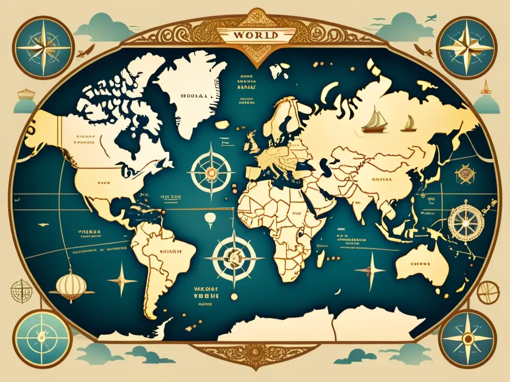 Mapa del mundo detallado y vintage con ilustraciones de artistas y diseñadores, reflejando estrategias de expansión artística y diseño global