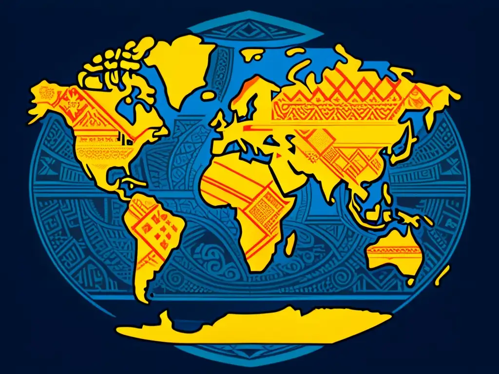 Mapa del mundo con patrones en logotipos para marcas que representan la diversidad cultural a través de diseños únicos y detallados