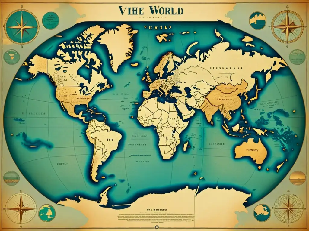 Mapa del mundo vintage en alta resolución con patrones geográficos y aspecto envejecido, evocando historia y exploración