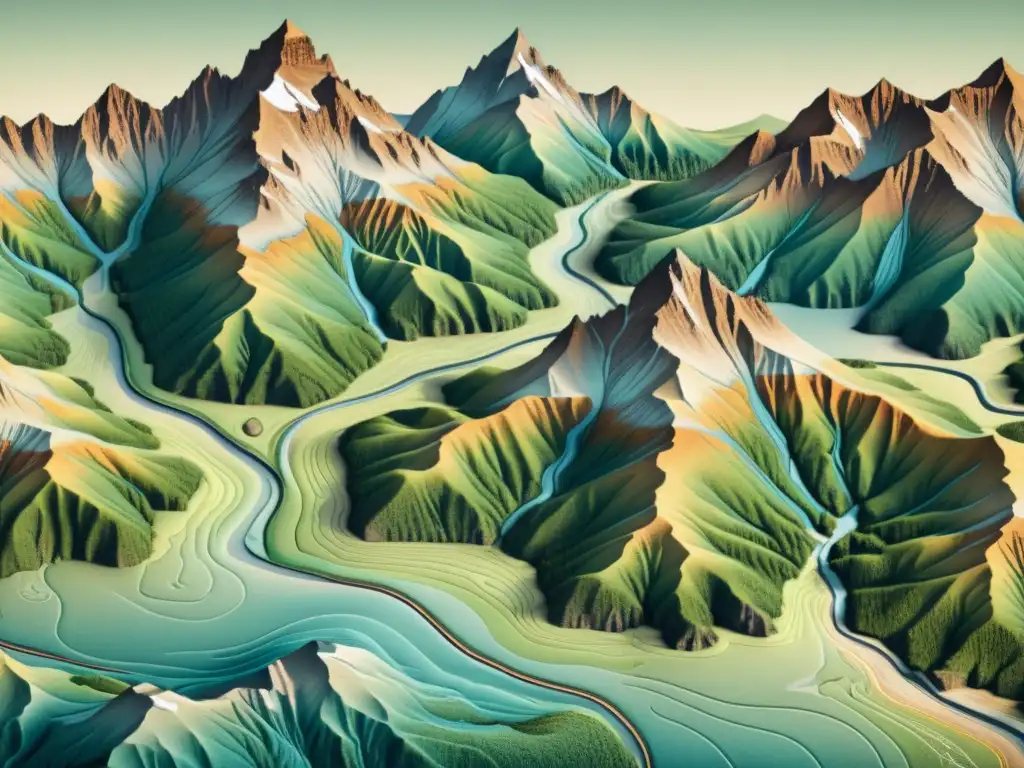Mapa topográfico vintage de montañas Mapa topográfico vintage de una cordillera, con patrones geográficos en montañas y detalles dibujados a mano, evocando nostalgia