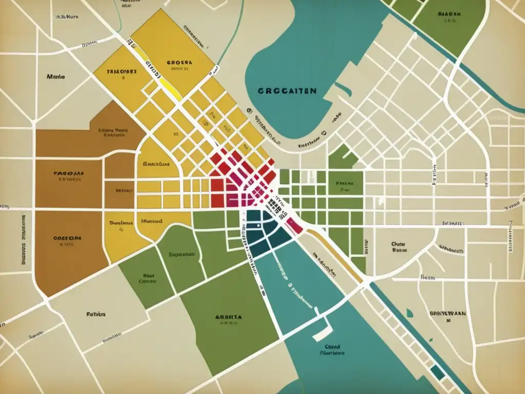 Un mapa vintage de una ciudad muestra patrones claros de segregación espacial con áreas demarcadas por colores y datos demográficos