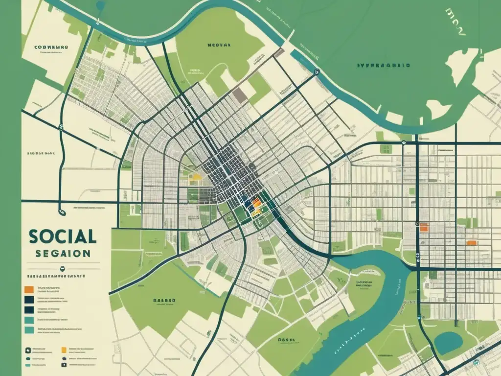 Un mapa vintage de la ciudad que muestra Patrones de segregación espacial ciudades con detalles históricos y económicos