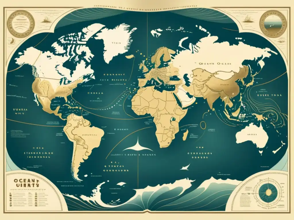 Mapa vintage de corrientes y mareas oceánicas, con patrones predecibles en los océanos