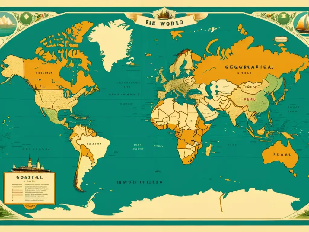 Mapa vintage detallado del mundo con patrones geográficos arte natural en tonos terrosos, ilustraciones de flora y fauna en cada región