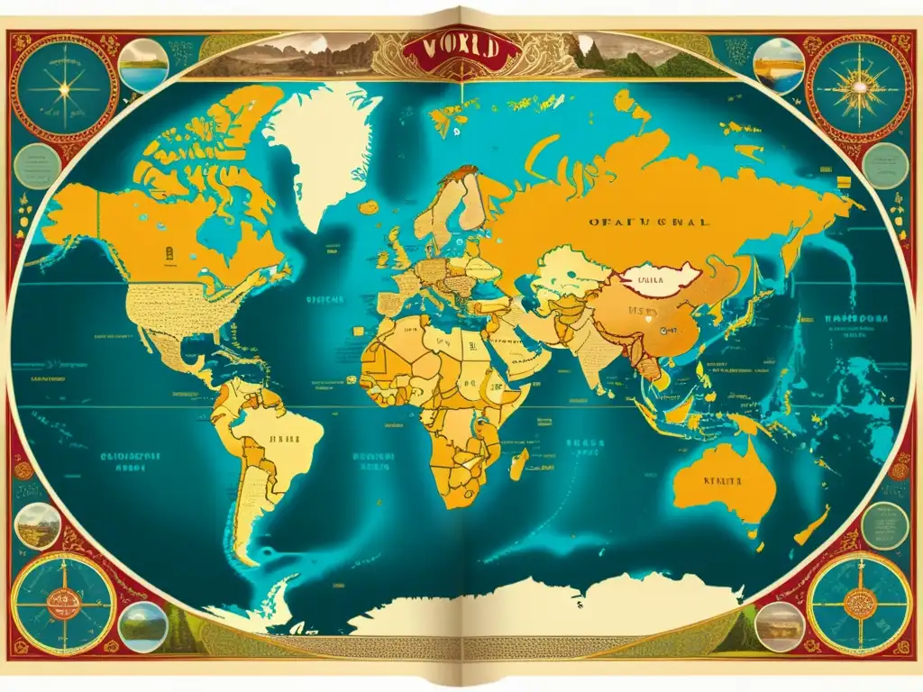 Mapa vintage del mundo con patrones artísticos que conectan culturas globales, creando un sentido de herencia y tiempo