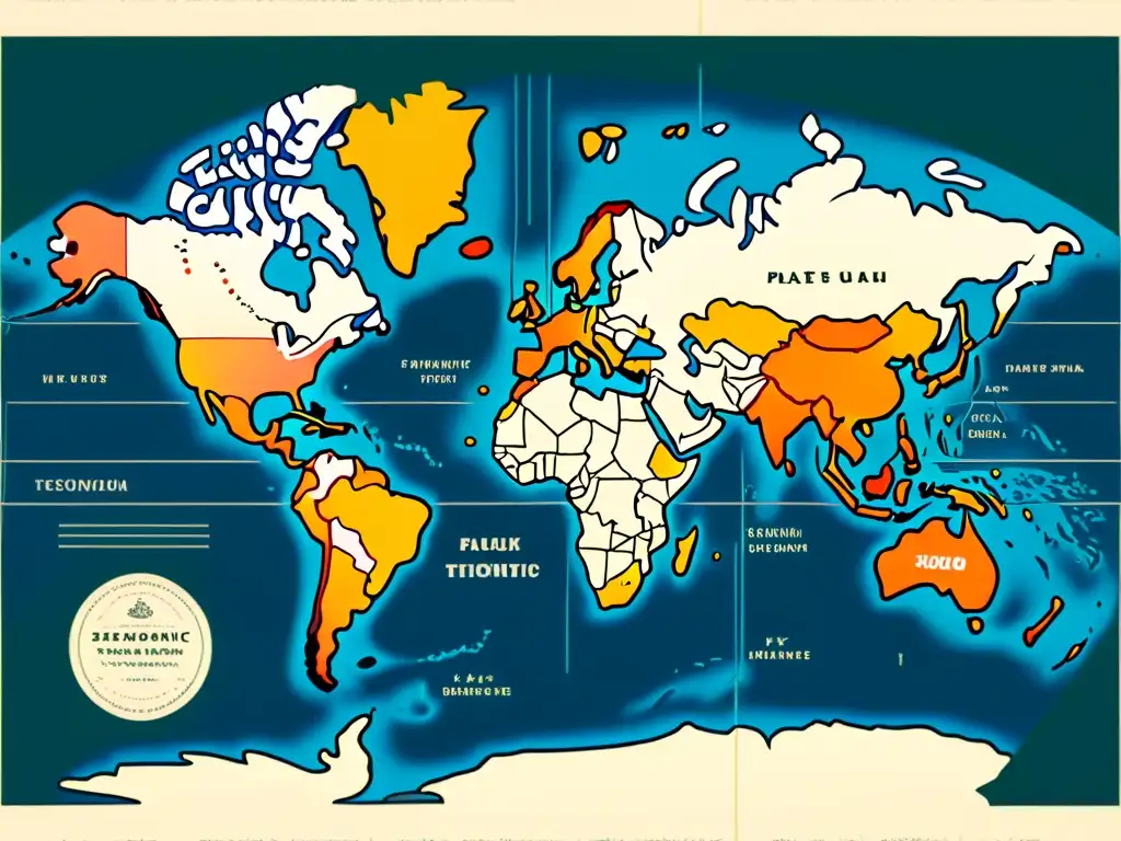 Mapa vintage del mundo con patrones sísmicos en placas tectónicas danza, líneas detalladas y colores distintivos