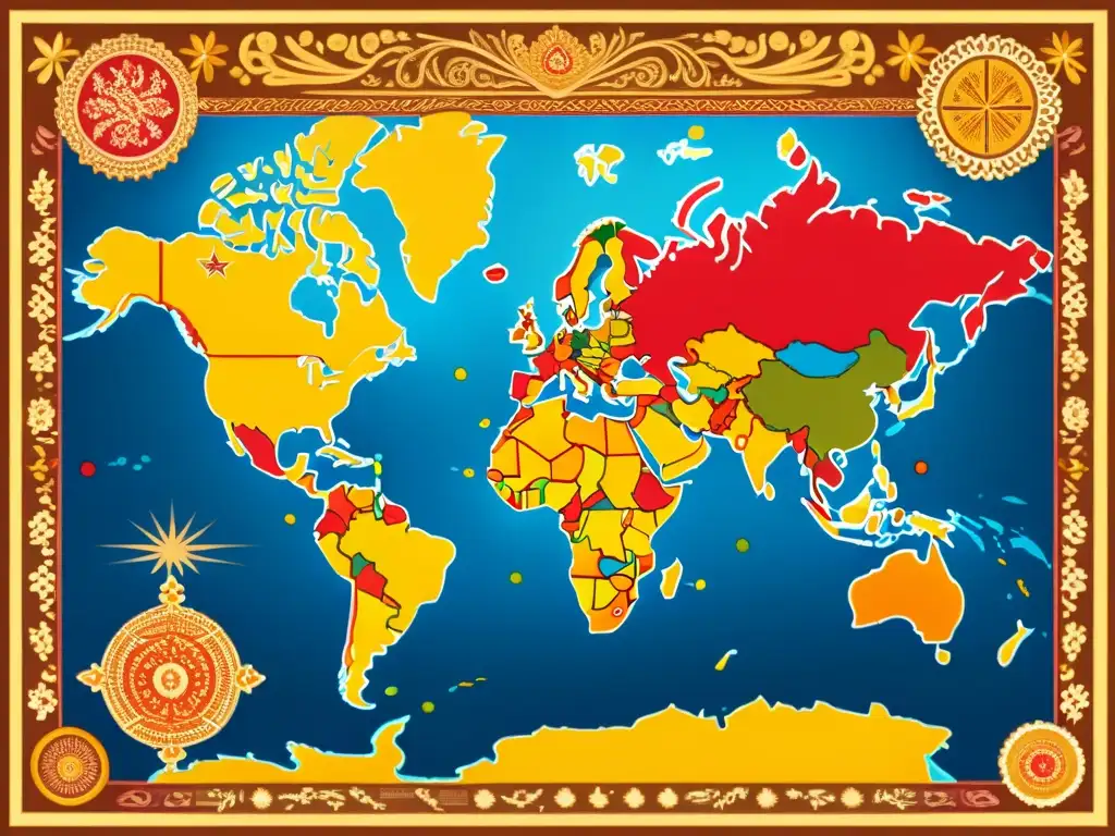 Mapa vintage con patrones culturales globales, ilustrando la diversidad del licenciamiento de patrones culturales alrededor del mundo