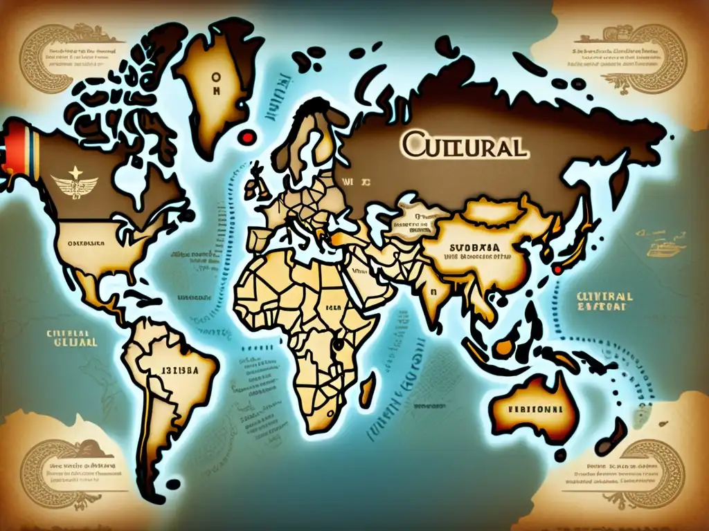 Mapa vintage con patrones culturales en intercambios estudiantiles, símbolos tradicionales y destinos, evocando historia y exploración