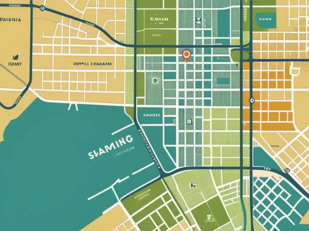 Mapa vintage muestra patrones de segregación espacial en ciudades con barrios destacados en colores distintos, evocando historia urbana