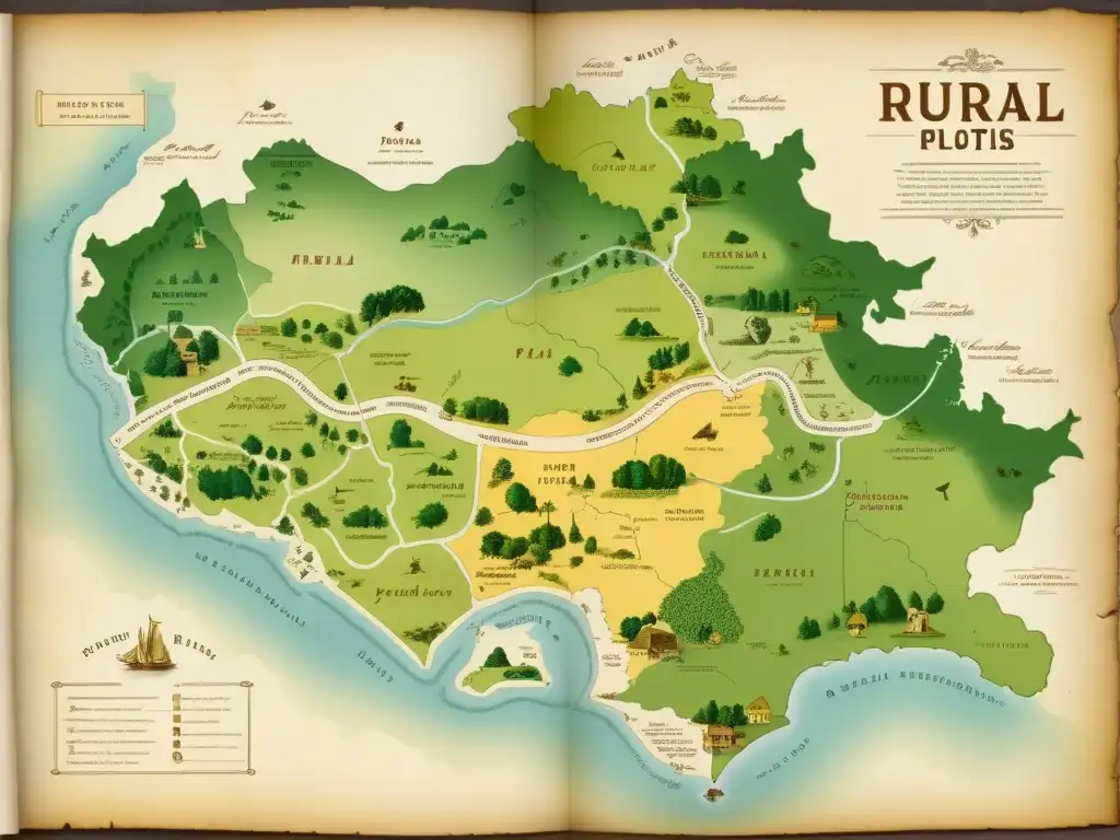 Mapa vintage de patrones de herencia y desarrollo rural, con detalles de campos, ríos y aldeas, evocando una herencia rural atemporal