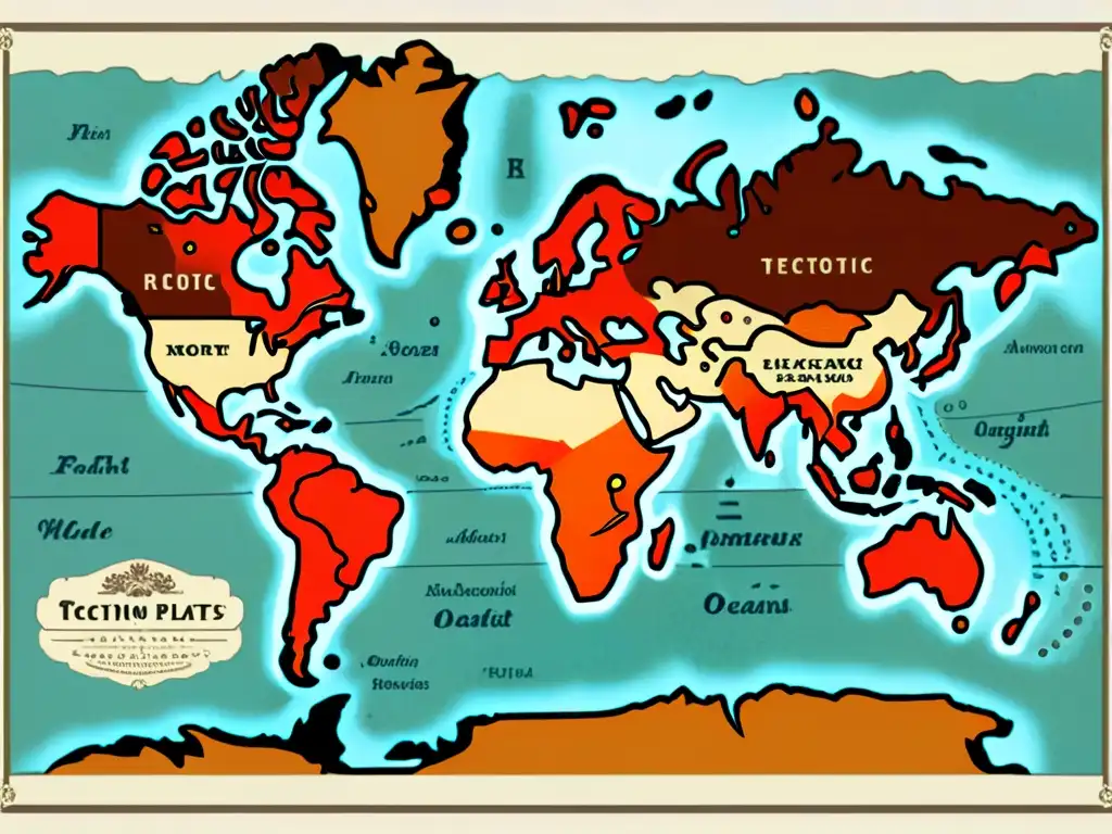 Mapa vintage de placas tectónicas con patrones sísmicos y una atmósfera de encanto antiguo, ideal para entender la danza de las placas tectónicas