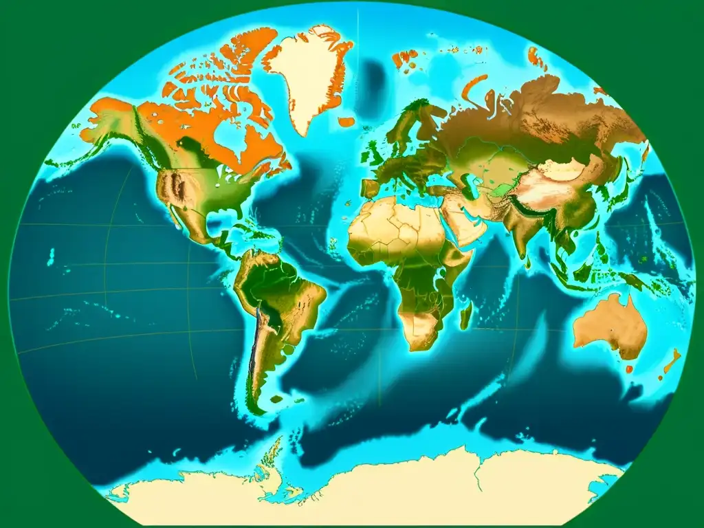 Mapa vintage de alta resolución mostrando la supercontinente Pangea y patrones de deriva continental, evocando la historia de la Tierra