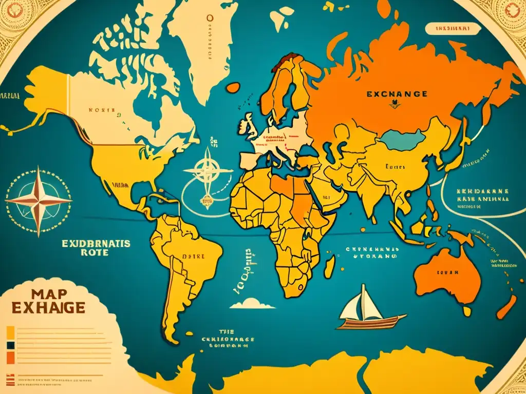 Mapa vintage de rutas de intercambio cultural, con ilustraciones a mano de símbolos y monumentos