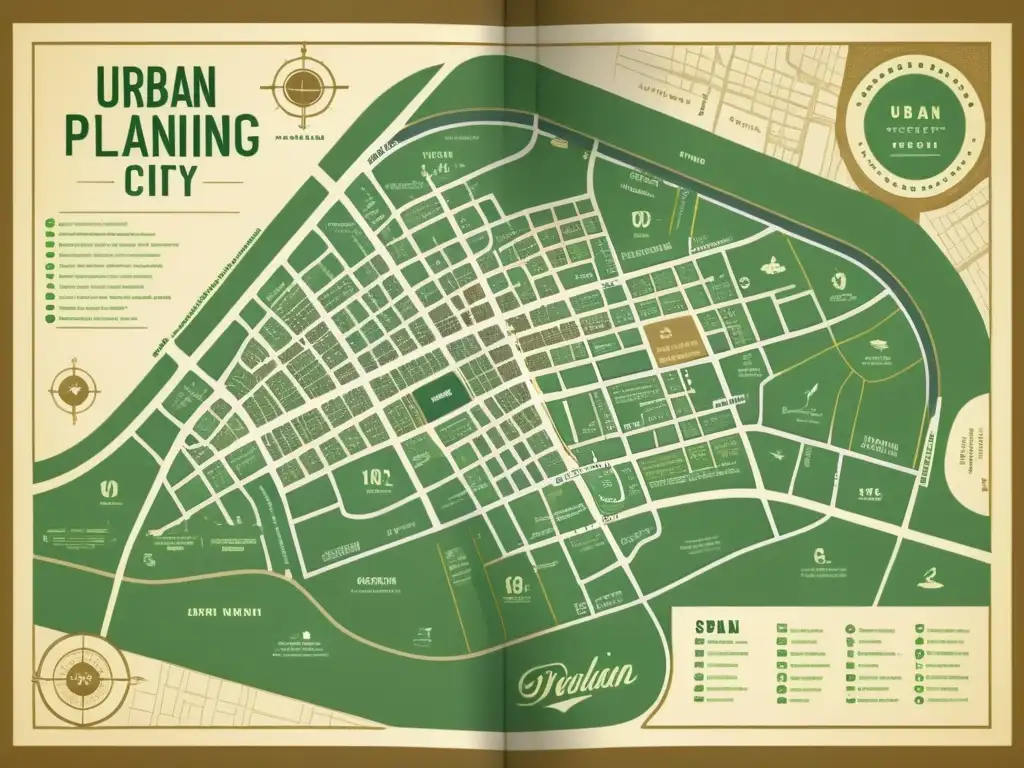 Un mapa vintage de planificación urbana sostenible muestra detalles de calles, espacios verdes y transporte público