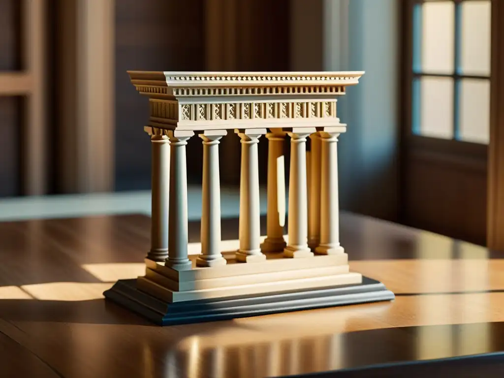 Maqueta de arquitectura inspiración GrecoRomana con detalles intrincados y cálida elegancia en pedestal de madera envejecida