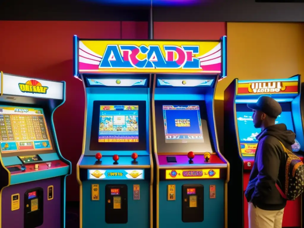 Una máquina de arcade vintage rodeada de gente diversa jugando y mostrando elementos culturales únicos en un animado ambiente de diversidad cultural