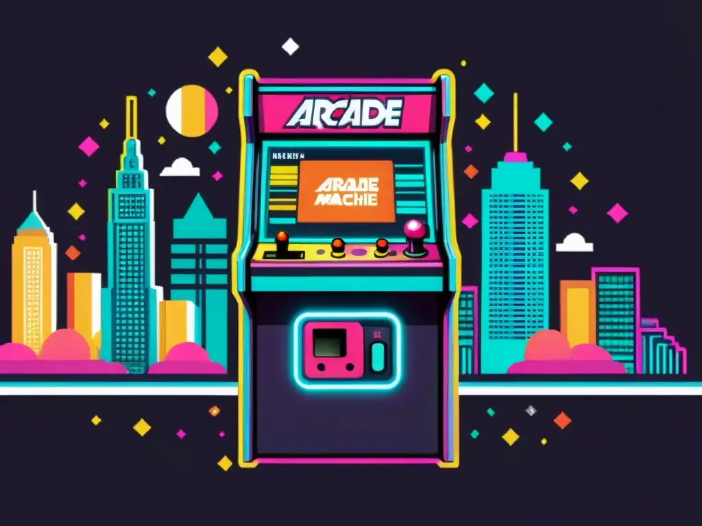 Una ilustración vintage de una máquina arcade retro, con patrones geométricos y colores vibrantes