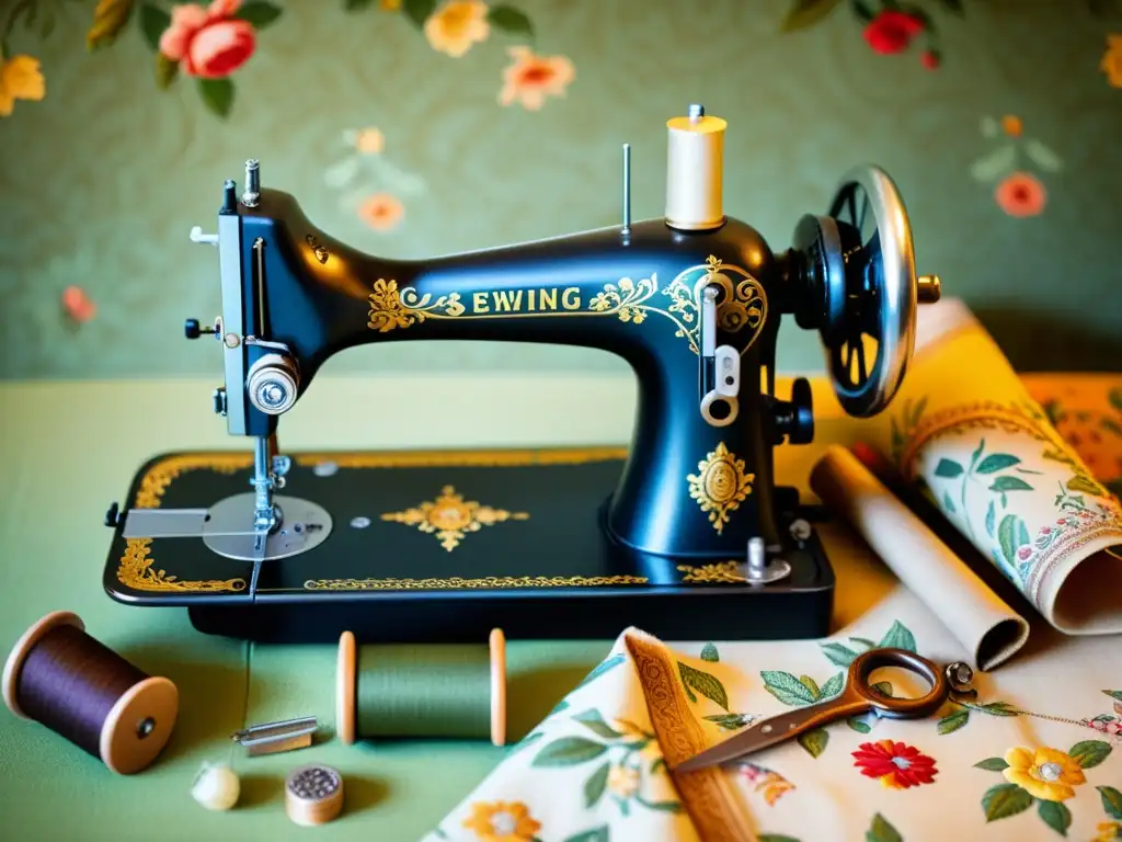 Una máquina de coser vintage detallada con patrones florales, evocando la integración de motivos históricos en la moda contemporánea