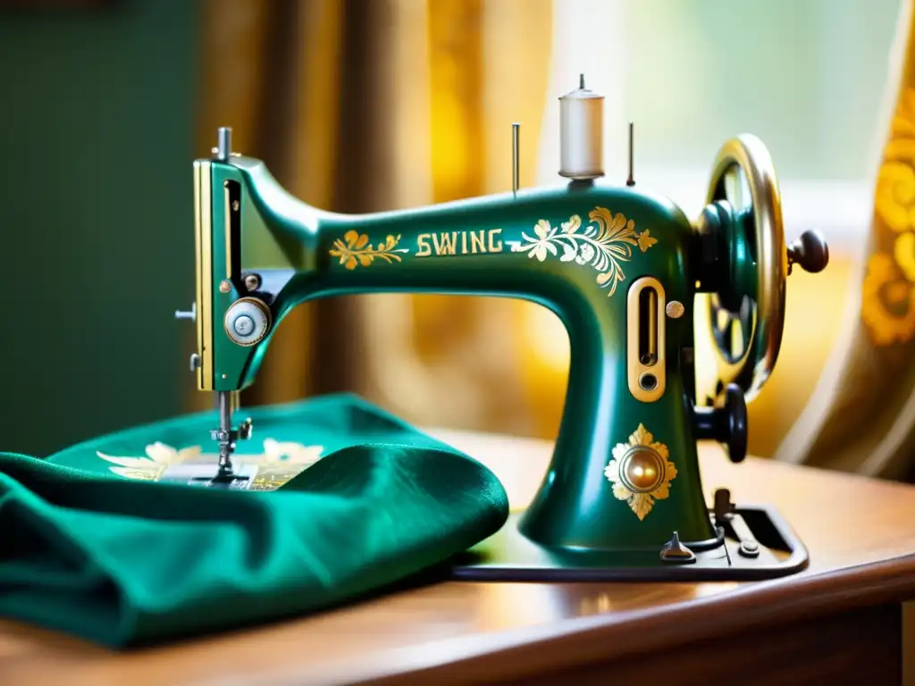 Una máquina de coser vintage con detallados patrones florales en metal, sobre un telón verde