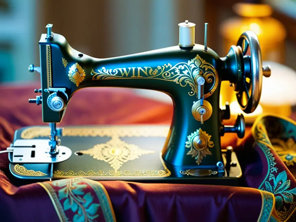 Una máquina de coser vintage con detalles dorados en un telón de fondo de telas ricas y estampadas en tonos profundos