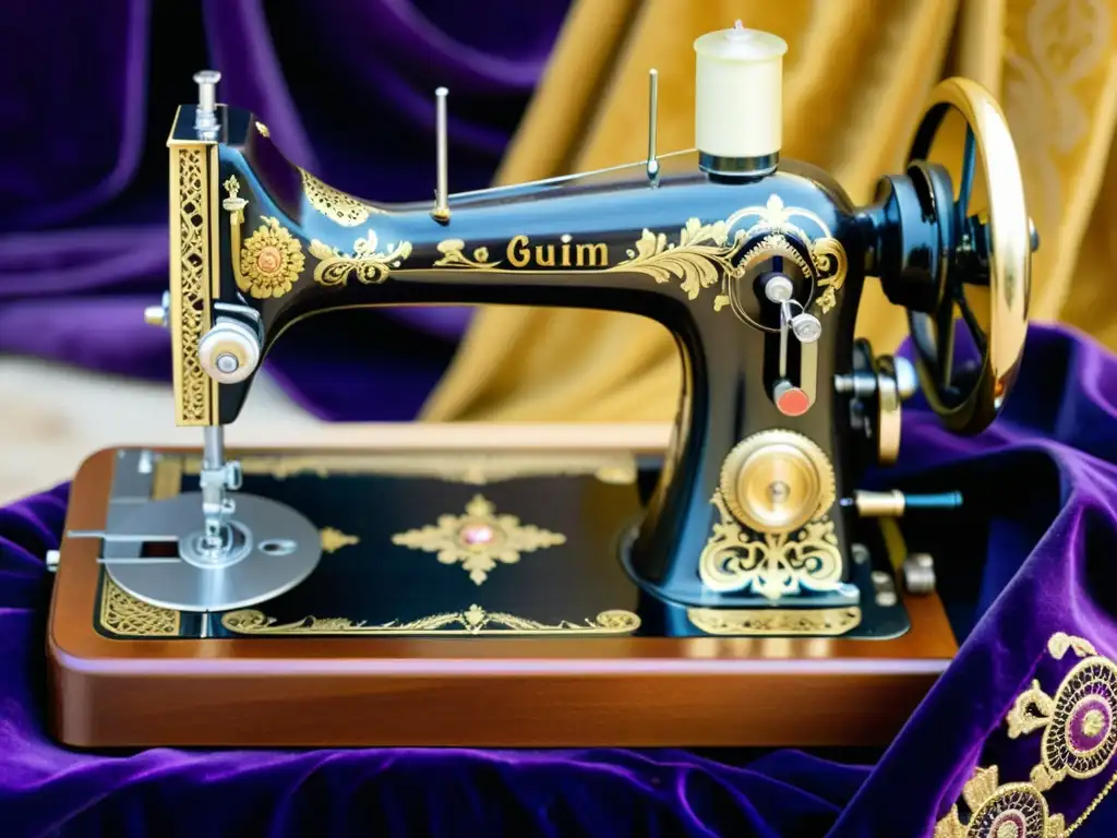 Una máquina de coser vintage con detalles dorados y patrones ornamentales, sobre un fondo de terciopelo morado