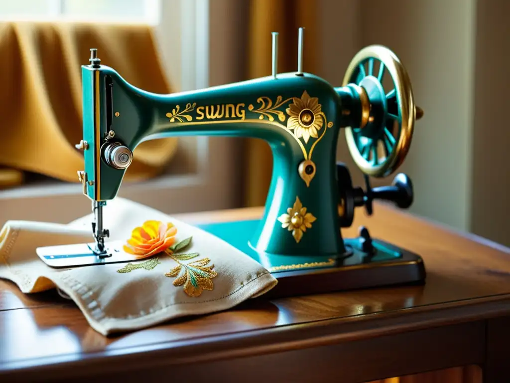 Una máquina de coser vintage con detalles dorados, sobre una mesa de madera con hilos de colores y tela, iluminada por luz natural