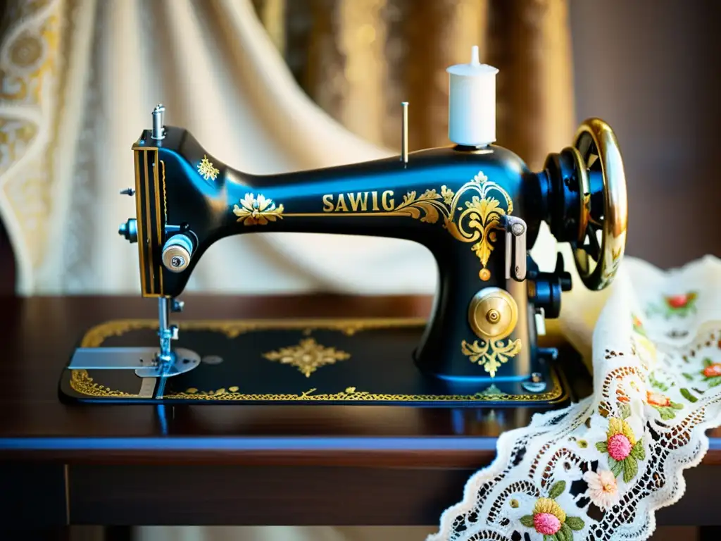 Una máquina de coser vintage con detalles florales y dorados, sobre madera oscura