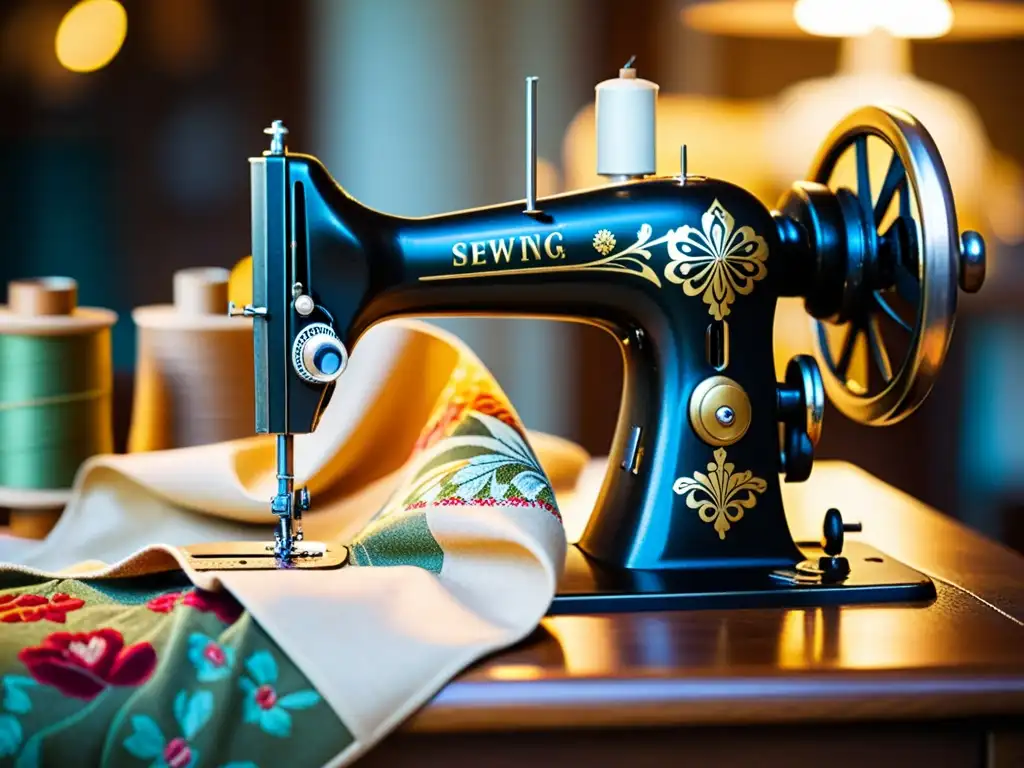 Una máquina de coser vintage con diseño de patrones asimétricos avanzados, iluminada por suave luz cálida