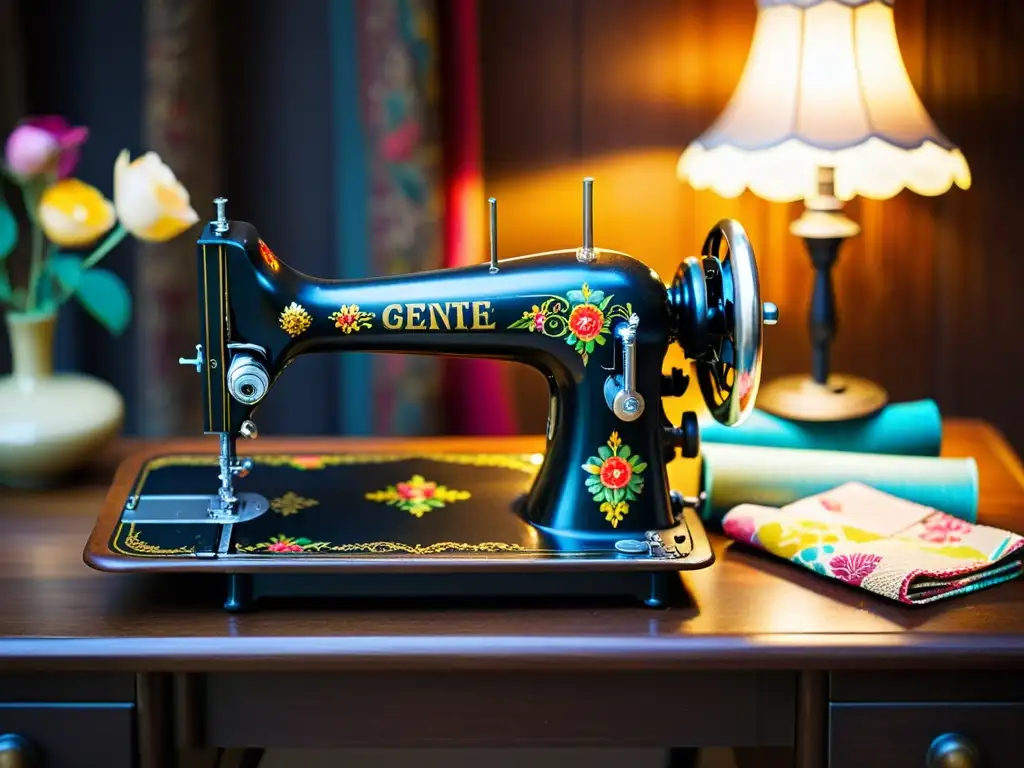 Una máquina de coser vintage con diseños florales grabados en el metal, rodeada de hilos de colores y telas delicadas en un ambiente cálido y acogedor