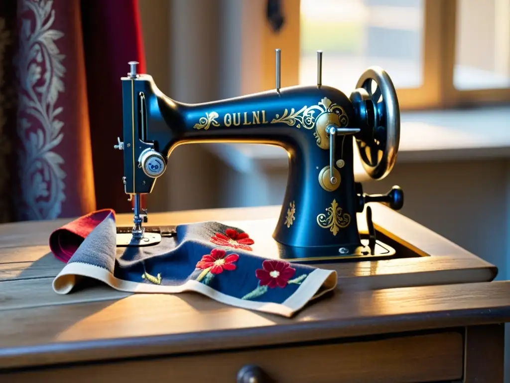 Una máquina de coser vintage con grabados florales, en un taller iluminado por la cálida luz del sol