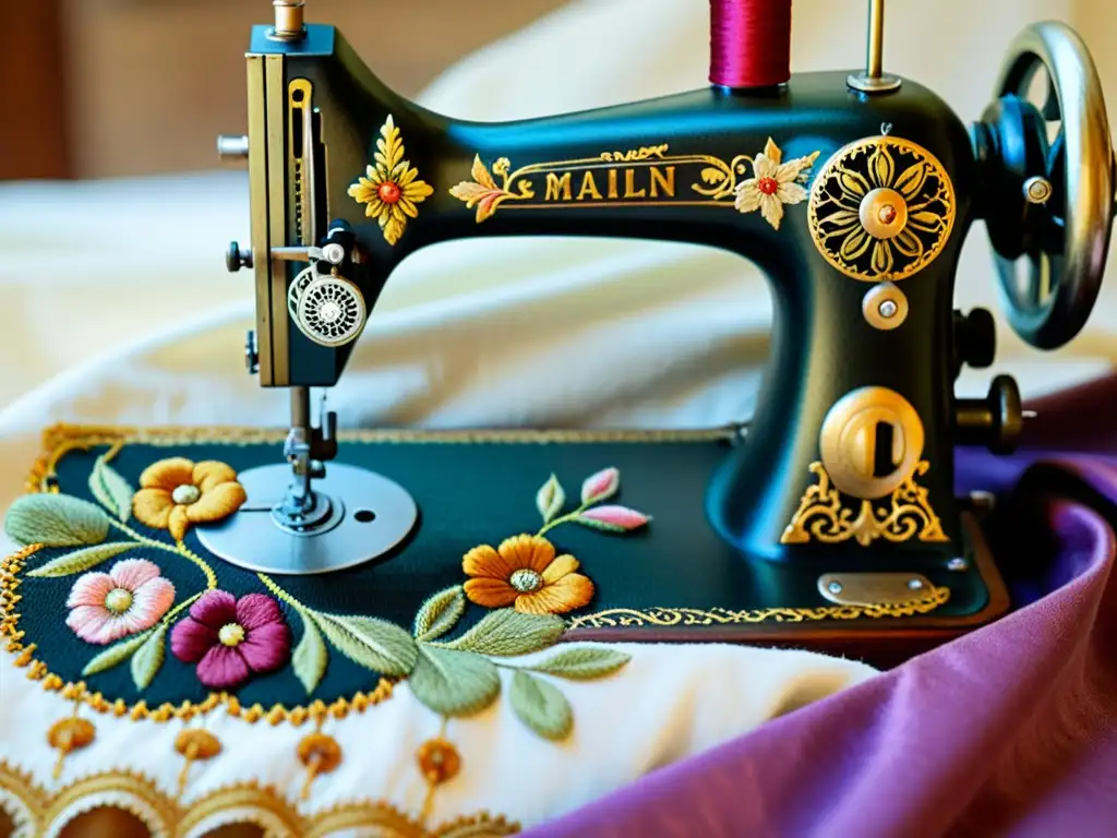 Una máquina de coser vintage borda hermosos patrones florales en tela