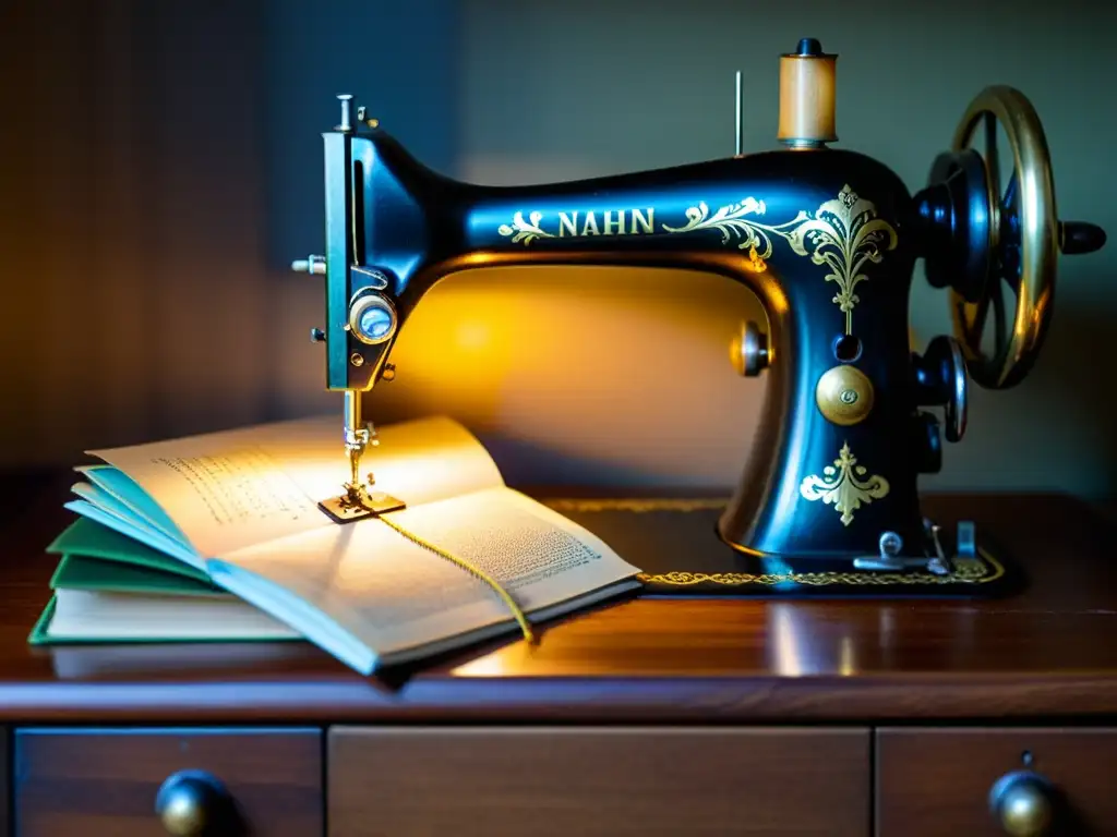 Una máquina de coser vintage iluminada por una lámpara, mostrando detalles intrincados