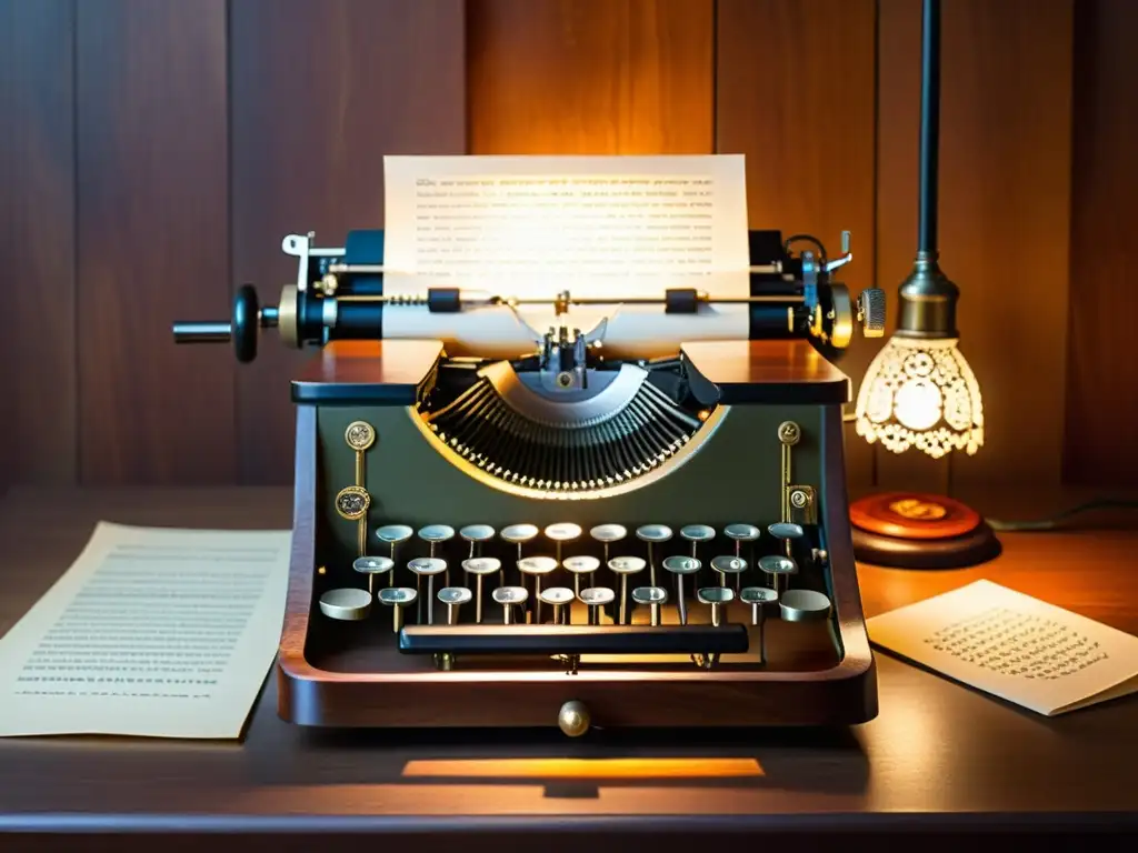 Una máquina de escribir vintage iluminada por una lámpara, con símbolos criptográficos en la hoja, en un entorno de madera envejecida