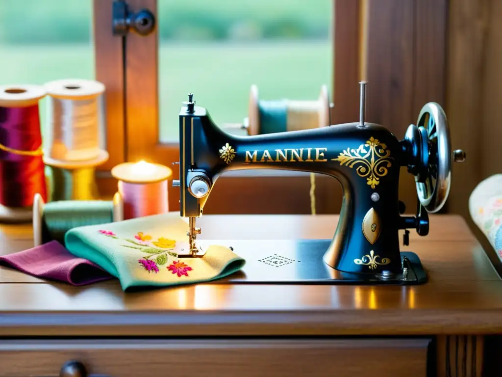 Una máquina de coser vintage con patrones florales, hilos de colores y telas