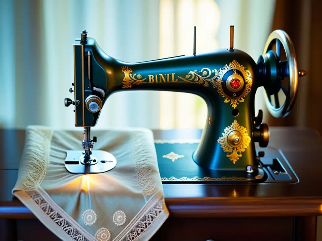 Una máquina de coser vintage crea patrones textiles de diseño en tela lujosa, evocando elegancia atemporal y calidad digna de inversión